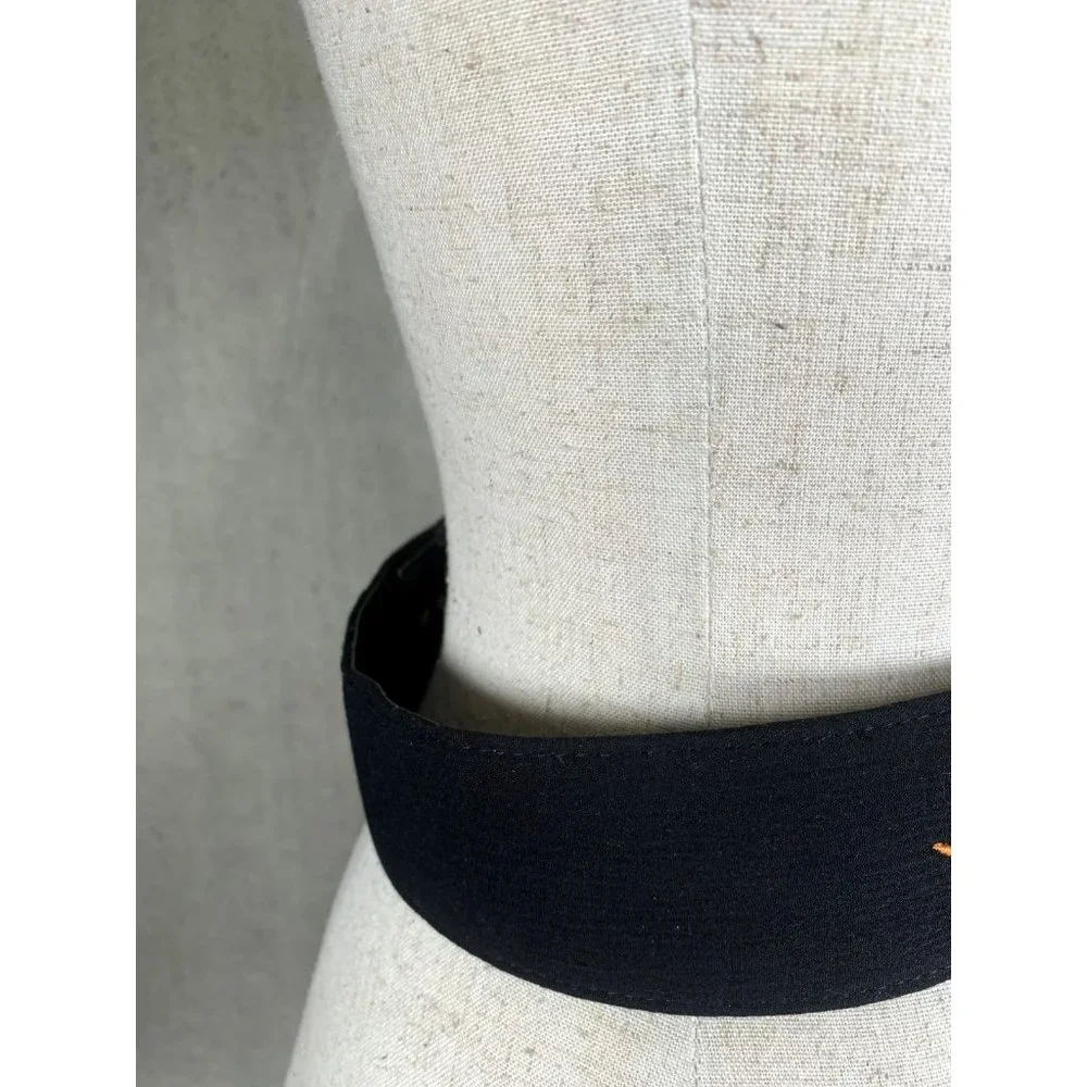 Vintage Statement Belt Medium Womens 90s‎ Black Wide Strap Waist Embroidered